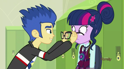 Size: 900x501 | Tagged: safe, screencap, flash sentry, sci-twi, twilight sparkle, equestria girls, g4, my little pony equestria girls: friendship games, discovery family logo, glasses, shipping fuel