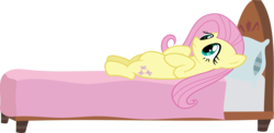Size: 3169x1543 | Tagged: safe, artist:slb94, fluttershy, g4, anxiety, bed, female, frown, hooves to the chest, on back, sad, solo, wingless, worried