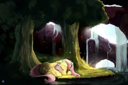 Size: 2400x1600 | Tagged: dead source, safe, artist:noctilucent-arts, fluttershy, pegasus, pony, g4, cave, cute, female, flower, flower in hair, forest, mare, scenery, shyabetes, sleeping, solo, tree, water, waterfall