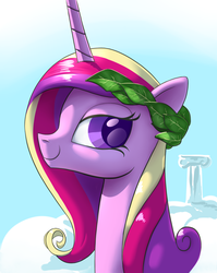Size: 1600x2011 | Tagged: safe, artist:andy price, artist:nadnerbd, princess cadance, g4, bedroom eyes, cover art, fanfic art, female, laurel wreath, lidded eyes, long neck, looking at you, portrait, simple background, smiling, solo