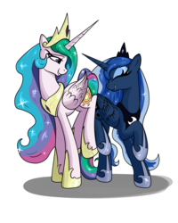 Size: 1525x1909 | Tagged: safe, artist:andy price, artist:vinaramic, princess celestia, princess luna, alicorn, pony, g4, butt bump, butt to butt, butt touch, concave belly, crown, female, folded wings, height difference, hoof shoes, horn, jewelry, long horn, long mane, mare, peytral, princess shoes, raised leg, regalia, simple background, slender, smiling, tall, thin, transparent background, wings