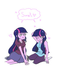Size: 1706x2100 | Tagged: safe, artist:chubbyjo, sci-twi, twilight sparkle, equestria girls, g4, my little pony equestria girls: friendship games, broken glasses, crying, glasses, heart, implied lesbian, implied scitwishimmer, implied shipping, implied sunset shimmer, implied sunsetsparkle, pixiv, self paradox, speech bubble, twolight