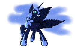 Size: 900x600 | Tagged: safe, artist:vinaramic, nightmare moon, alicorn, pony, g4, female, grin, mare, raised hoof, simple background, solo, spread wings, transparent background