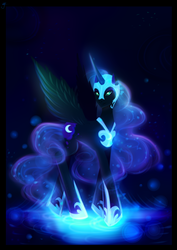 Size: 2480x3507 | Tagged: safe, artist:minamikoboyasy, nightmare moon, g4, black background, female, glowing, glowing mane, high res, simple background, solo, spread wings