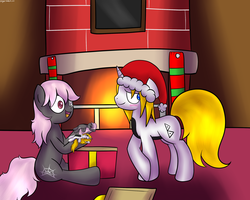 Size: 2560x2048 | Tagged: safe, artist:sojek, oc, oc only, oc:bakchus, oc:mingle, christmas, fire, fireplace, hat, high res, minchus, oc x oc, plushie, present, santa hat, shipping