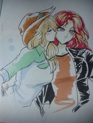 Size: 540x720 | Tagged: safe, artist:gyrhs, applejack, sunset shimmer, equestria girls, g4, cheek kiss, female, freckles, humanized, kissing, lesbian, ship:appleshimmer, shipping, traditional art