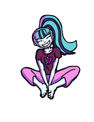 Size: 1275x1650 | Tagged: safe, artist:axixion, sonata dusk, equestria girls, g4, barefoot, clothes, eyes closed, feet, female, grin, pajamas, simple background, sitting, solo