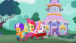 Size: 1366x768 | Tagged: safe, screencap, apple bloom, rarity, scootaloo, sweetie belle, g4, the show stoppers, cutie mark crusaders