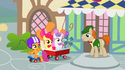 Size: 1366x768 | Tagged: safe, screencap, apple bloom, mr. breezy, scootaloo, sweetie belle, g4, the show stoppers, cutie mark crusaders