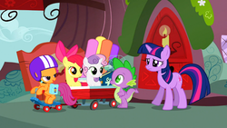 Size: 1366x768 | Tagged: safe, screencap, apple bloom, scootaloo, spike, sweetie belle, twilight sparkle, g4, the show stoppers, cutie mark crusaders
