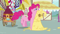Size: 1280x720 | Tagged: safe, screencap, pinkie pie, a friend in deed, g4, batter, cake batter, eating, female, great moments in animation, impossibly stretchy jaw, pinkie being pinkie, solo