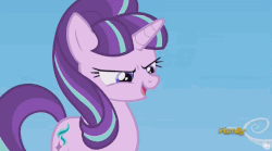 Size: 844x470 | Tagged: safe, screencap, starlight glimmer, g4, the cutie re-mark, angry, animated, cloudsdale, discovery family logo, female, talking