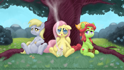 Size: 1920x1080 | Tagged: safe, artist:smudge proof, derpy hooves, fluttershy, tree hugger, pegasus, pony, g4, bong, commission, drugs, female, food, high, hippieshy, mare, marijuana, mortar and pestle, muffin, scenery, stoned, tree, wallpaper