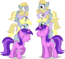 Size: 1774x1603 | Tagged: safe, artist:shutterflyeqd, amethyst star, chirpy hooves, dinky hooves, dipsy hooves, sparkler, pegasus, pony, unicorn, g4, ^^, colt, eyes closed, female, filly, foal, male, mare, raised hoof, rule 63, self ponidox, simple background, smiling, stallion, surprised, transparent background, twerpy hooves