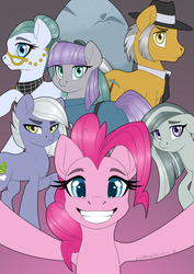 Size: 1280x1810 | Tagged: safe, artist:rainbowdrool, cloudy quartz, igneous rock pie, limestone pie, marble pie, maud pie, pinkie pie, g4, eyebrows, eyebrows visible through hair, grin, group, holder's boulder, pie family, pie sisters, ship:quartzrock, siblings, sisters