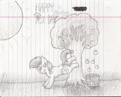 Size: 2838x2270 | Tagged: safe, artist:outtalives, applejack, g4, apple, applebucking, applebutt, applejack appreciation day, butt, female, food, high res, lined paper, monochrome, plot, solo, sun, traditional art, tree