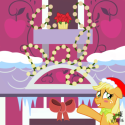 Size: 800x800 | Tagged: safe, artist:jazzytyfighter, applejack, g4, applejack appreciation day, barn, christmas lights, clothes, female, hat, poinsettia, santa hat, scarf, snow, solo