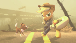 Size: 1920x1080 | Tagged: safe, artist:rockset, applejack, winona, g4, 3d, fallout 4, source filmmaker