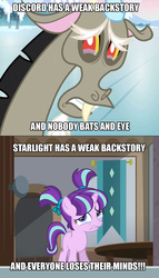 Size: 805x1407 | Tagged: safe, screencap, discord, starlight glimmer, draconequus, pony, unicorn, g4, keep calm and flutter on, season 3, season 5, the cutie re-mark, crying, debate in the comments, drama, duo, everyone loses their minds, female, filly, filly starlight glimmer, frown, gritted teeth, image macro, logic, male, meme, op is a duck, op is trying to start shit, op started shit, opinion, sad, sad face, sadlight glimmer, starlight drama, starlight glimmer is worst pony, younger
