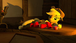 Size: 2000x1125 | Tagged: safe, artist:dj-chopin, applejack, g4, 3d, apple, clothes, female, food, socks, solo, source filmmaker