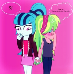 Size: 600x605 | Tagged: safe, artist:cbear624, lemon zest, sonata dusk, equestria girls, g4, my little pony equestria girls: friendship games, blushing, determination, determined, embarrassed, exclamation point, female, holding hands, interrobang, lemonata, lesbian, question mark, shipping, thought bubble