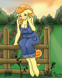 Size: 1600x2000 | Tagged: safe, artist:katiespalace, carrot top, golden harvest, anthro, unguligrade anthro, g4, blushing, boob freckles, breasts, busty carrot top, cleavage, cutie top, female, fence, floppy ears, freckles, garden, naked overalls, overalls, shoulder freckles, solo