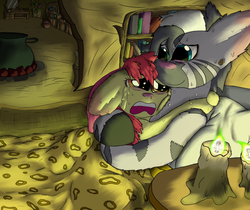 Size: 1024x861 | Tagged: safe, artist:firefanatic, apple bloom, zecora, zebra, g4, blanket, candle, caring for the sick, comforting, crying, cuddling, fluffy, red nosed, sick, snuggling, zecora's hut
