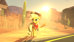 Size: 1280x720 | Tagged: safe, artist:stormyscratch, applejack, earth pony, pony, g4, 3d, bandana, cactus, cowboy hat, female, hat, mare, road, saguaro cactus, solo, source filmmaker, sun