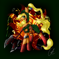 Size: 3600x3600 | Tagged: safe, artist:crazyaniknowit, applejack, earth pony, pony, g4, armor, axe, battle axe, fanfic, female, hair tie, high res, solo, tail wrap, warcraft, warrior, weapon, world of warcraft