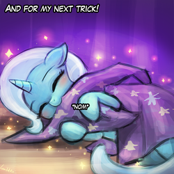 Size: 750x750 | Tagged: safe, artist:lumineko, trixie, pony, unicorn, g4, biting, blushing, cape, clothes, curtains, cute, daaaaaaaaaaaw, diatrixes, eyes closed, female, filly, filly trixie, floppy ears, foal, happy, hat, hug, lumineko is trying to murder us, nom, on side, smiling, solo, sparkles, stage, trixie's cape, trixie's hat, weapons-grade cute, younger