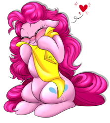 Size: 1250x1400 | Tagged: safe, artist:dragonfoxgirl, pinkie pie, earth pony, pony, g4, clothes, eyes closed, female, heart, long mane, mare, puffy cheeks, ship:cheesepie, shipping, shirt, simple background, sitting, smiling, solo, straight, transparent background