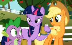 Size: 877x556 | Tagged: safe, screencap, applejack, spike, twilight sparkle, g4, the super speedy cider squeezy 6000