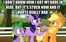 Size: 1185x770 | Tagged: safe, screencap, applejack, spike, twilight sparkle, g4, the super speedy cider squeezy 6000, funny, hoof hold, image macro, meme, ouch, reality ensues