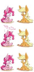 Size: 1280x2699 | Tagged: safe, artist:heir-of-rick, applejack, pinkie pie, daily apple pony, g4, apple, burrito, comic, dialogue, eating, food, impossibly large ears, simple background, sitting, sudden clarity pinkie pie, underhoof, white background, younger