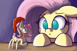 Size: 1280x853 | Tagged: safe, artist:heir-of-rick, fluttershy, monster pony, original species, pegasus, pony, spiderpony, comic:children of everfree, g4, :o, chest fluff, christmas, cup, cute, cute little fangs, fangs, female, floppy ears, hat, holiday, hoof hold, leg fluff, mare, mug, open mouth, santa hat, self ponidox, shyabetes, smiling, species swap, spidershy, wide eyes