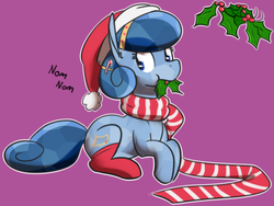 Size: 752x565 | Tagged: safe, artist:whatsapokemon, oc, oc only, oc:heart song, crystal pony, pony, clothes, hairband, hat, holly, santa hat, scarf, simple background, socks, solo