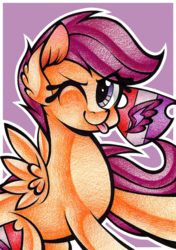 Size: 1024x1457 | Tagged: safe, artist:j-lin-mlp, scootaloo, g4, cutie mark, female, solo, the cmc's cutie marks, tongue out, traditional art, wink