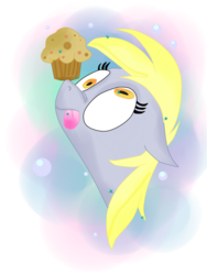 Size: 768x1024 | Tagged: safe, artist:andypriceart, artist:krazykari, derpy hooves, pegasus, pony, balancing, female, food, mare, muffin, ponies balancing stuff on their nose, solo