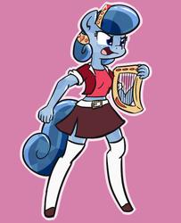 Size: 567x699 | Tagged: safe, artist:whatsapokemon, oc, oc only, oc:heart song, crystal pony, anthro, unguligrade anthro, belt, belt buckle, clothes, hairband, lyre, midriff, musical instrument, shoes, simple background, skirt, socks, solo, stockings, thigh highs, zettai ryouiki