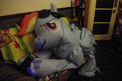 Size: 1824x1216 | Tagged: safe, rainbow dash, inflatable pony, g4, bootleg, hongyi, inflatable, inflatable pegasus, irl, jacksepticeye, photo, solo