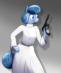 Size: 863x1033 | Tagged: safe, artist:whatsapokemon, oc, oc only, oc:heart song, crystal pony, anthro, clothes, crossover, dress, gradient background, gun, princess leia, solo, star wars, weapon