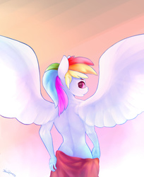 Size: 2200x2700 | Tagged: safe, artist:limchph2, rainbow dash, anthro, g4, clothes, female, from behind, high res, looking back, naked towel, no tail, nudity, smiling, solo, spread wings, topless, towel, towel around waist