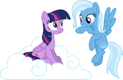 Size: 1515x986 | Tagged: safe, artist:punzil504, trixie, twilight sparkle, pegasus, pony, g4, alternate universe, cloud, cute, cutie mark, diatrixes, duo, duo female, female, flying, hooves, mare, on a cloud, pegasus trixie, pegasus twilight sparkle, race swap, simple background, sitting on a cloud, spread wings, transparent background, vector, wings
