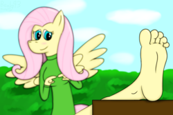 Size: 1500x1000 | Tagged: safe, artist:b-cacto, fluttershy, anthro, plantigrade anthro, g4, barefoot, blurry, clothes, cloud, feet, female, foot fetish, foot focus, hedge, shy, soles, solo, sweater, sweatershy, wings