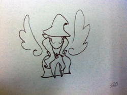 Size: 2592x1936 | Tagged: safe, artist:kacheechu, trixie, pony, unicorn, g4, female, floating wings, mare, monochrome, sketch, solo, traditional art, wings