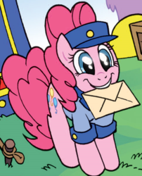 Size: 488x603 | Tagged: safe, artist:ben bates, pinkie pie, g4, spoiler:comic, female, mail, mail carrier, mailmare, mouth hold, outfit catalog, solo