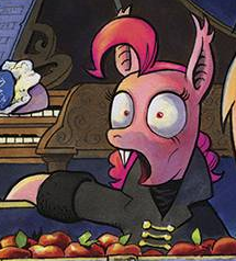 Size: 215x238 | Tagged: safe, artist:andy price, pinkie pie, g4, spoiler:comic, comic cover, dracula: dead and loving it, female, implied reference, leslie nielsen, outfit catalog, pinkiebat, solo, vampinkie pie