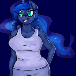 Size: 2000x2000 | Tagged: safe, artist:lisa400, derpibooru exclusive, part of a set, princess luna, anthro, g4, big breasts, breasts, busty princess luna, chest fluff, cleavage, female, hand on hip, high res, simple background, solo, tongue out