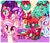 Size: 1024x881 | Tagged: safe, artist:ipun, oc, oc only, oc:cuddle bug, oc:fire strike, oc:neigh-apolitan, oc:precious metal, earth pony, pegasus, pony, unicorn, blushing, bow, christmas, christmas stocking, christmas tree, clothes, female, hair bow, heart, heart eyes, holiday, mare, night, one eye closed, ponytail, present, smiling, socks, stars, striped socks, tongue out, tree, wingding eyes, wink