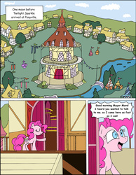 Size: 1024x1322 | Tagged: safe, artist:average-00, pinkie pie, earth pony, pony, comic:opposites, g4, comic, female, mare, ponyville, ponyville town hall, town hall